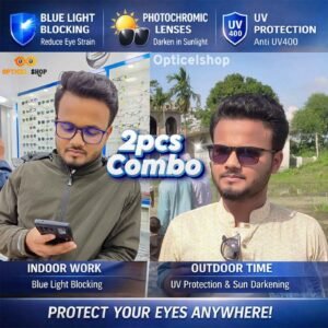ফটোক্রোমিক ব্লু কাট চশমা (২ পিস কম্বো) – ব্লু লাইট ব্লকিং, UV400 সুরক্ষা ও সান ডার্কেনিং লেন্স